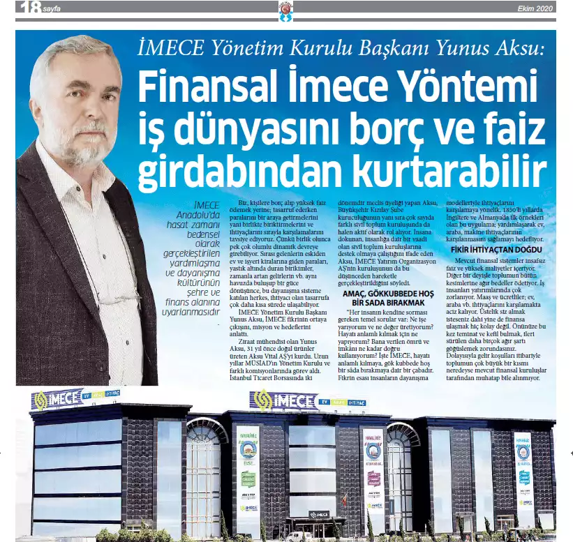İMECE Yönetim Kurulu Bşk. Yunus Aksu: "Finansal İMECE Yöntemi İş Dünyasını Borç ve Faiz Yükünden Kurtarabilir"
